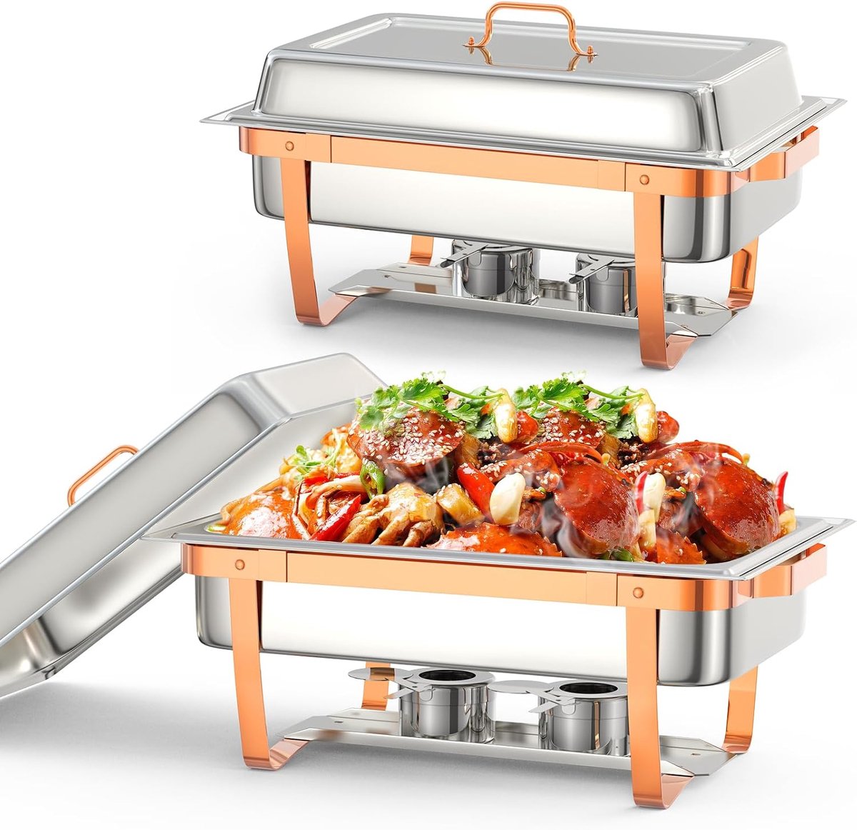 Chafing Dish Set van 2 - 8 Liter Rechthoekige RVS Buffet Warmhouders - Inklapbaar met Roségouden Accenten & Dekselhouder - Inclusief Opscheplepel & Tang - Warmhoudschaal voor Catering & Bruiloft - Rose Gold