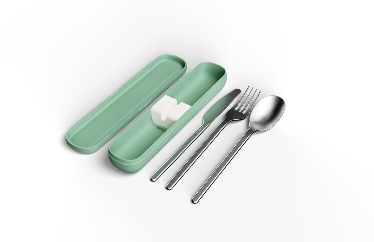 Amuse Nello Bestekset Sage – Premium RVS 18/10 – Herbruikbaar – Vork, Mes & Lepel – Vaatwasserbestendig – Duurzaam Bestek voor Onderweg, Werk & Camping – Groen