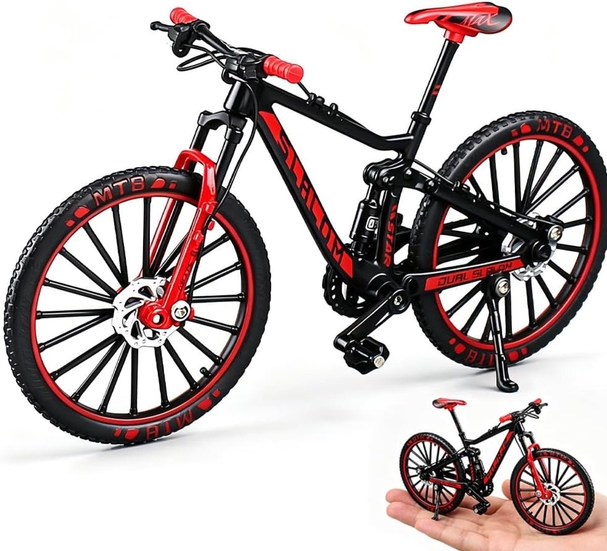 Mountain Bike Model 1:10, Vingerfiets Speelgoed voor Desk Decoratie, Cadeau voor Fiets Enthousiastelingen en Educatieve Activiteiten (Rood)