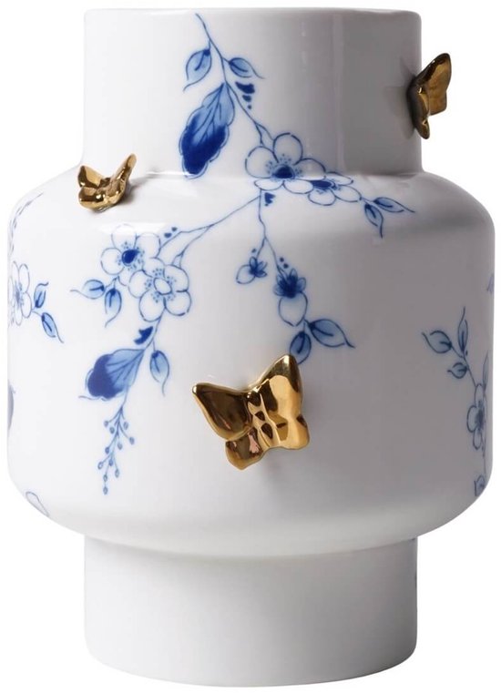 Heinen Delfts Blauw - Vaas Cilinder 3D Vlinders - Vlindergoud - Keramiek - 17 cm