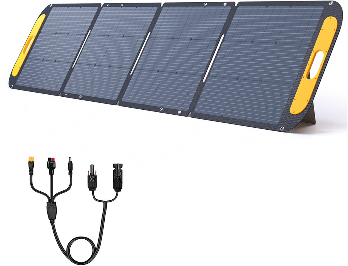 VTOMAN VS200 200W opvouwbaar zonnepaneel, 23% hoogrendements monokristallijne cellen, IP67 waterdicht ETFE-oppervlak, verstelbare standaard, MC4-connector voor draagbare stroomstations