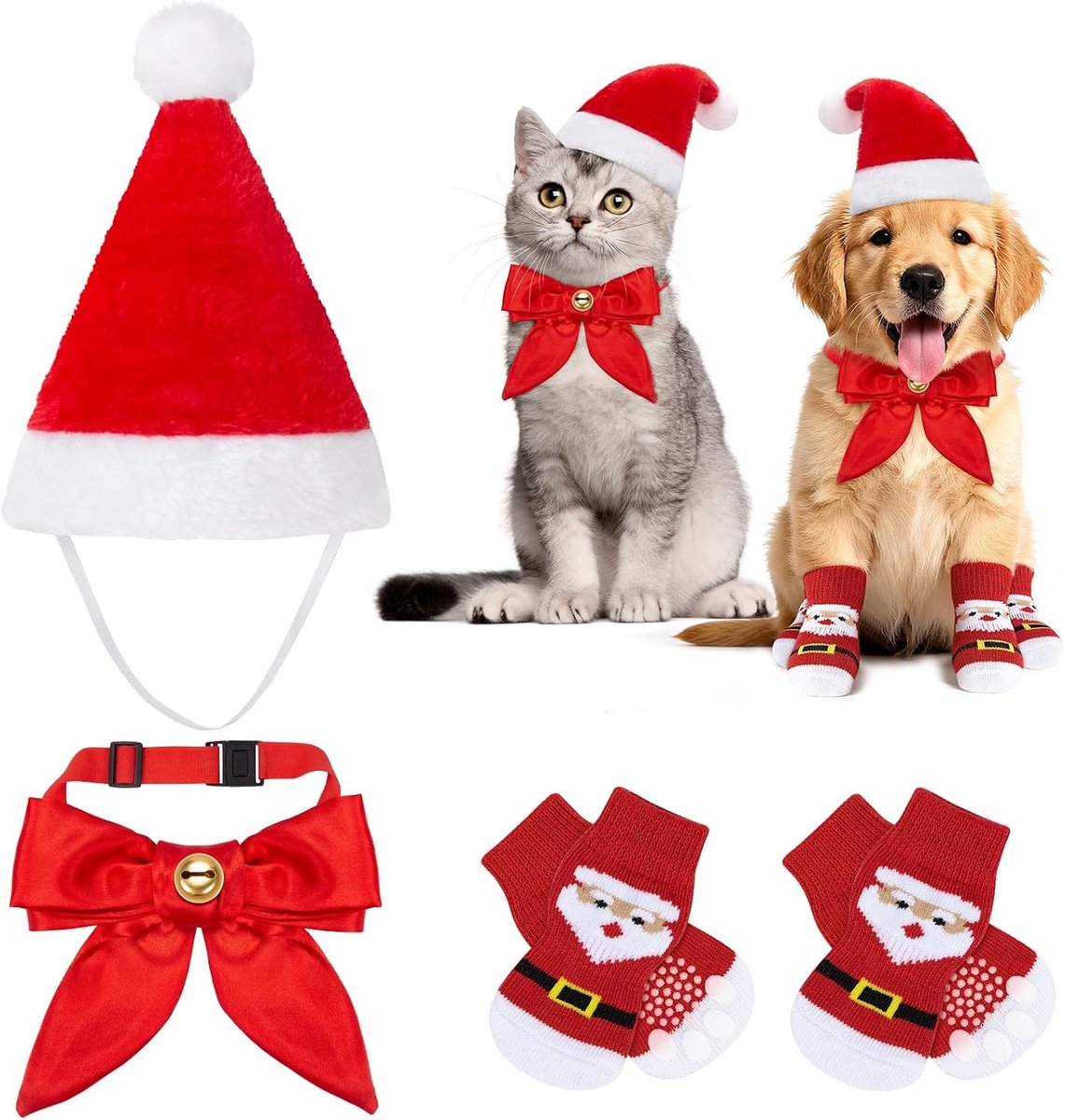 3-delige Kerstkostuum voor Katten en Honden, Inclusief Santa Hoed, Verstelbare Rode Strik en Huisdier Sokken voor Kleine Honden en Katten