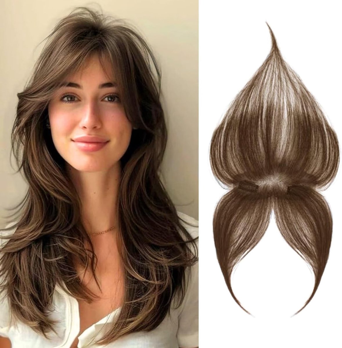 Lichtbruine haar topper voor vrouwen, 360° 3D dekking met pony, clip-in haarextensions van echt haar voor een natuurlijke look