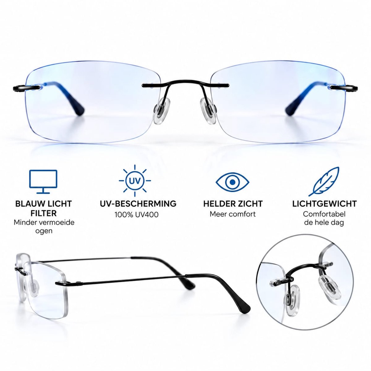Elegante randloze leesbril +2,0 / glazen met blauwlichtfilter / computerbril +2.0 met harde brillenkoker / bril +2 met UV-bescherming / Aland optiek / STL275