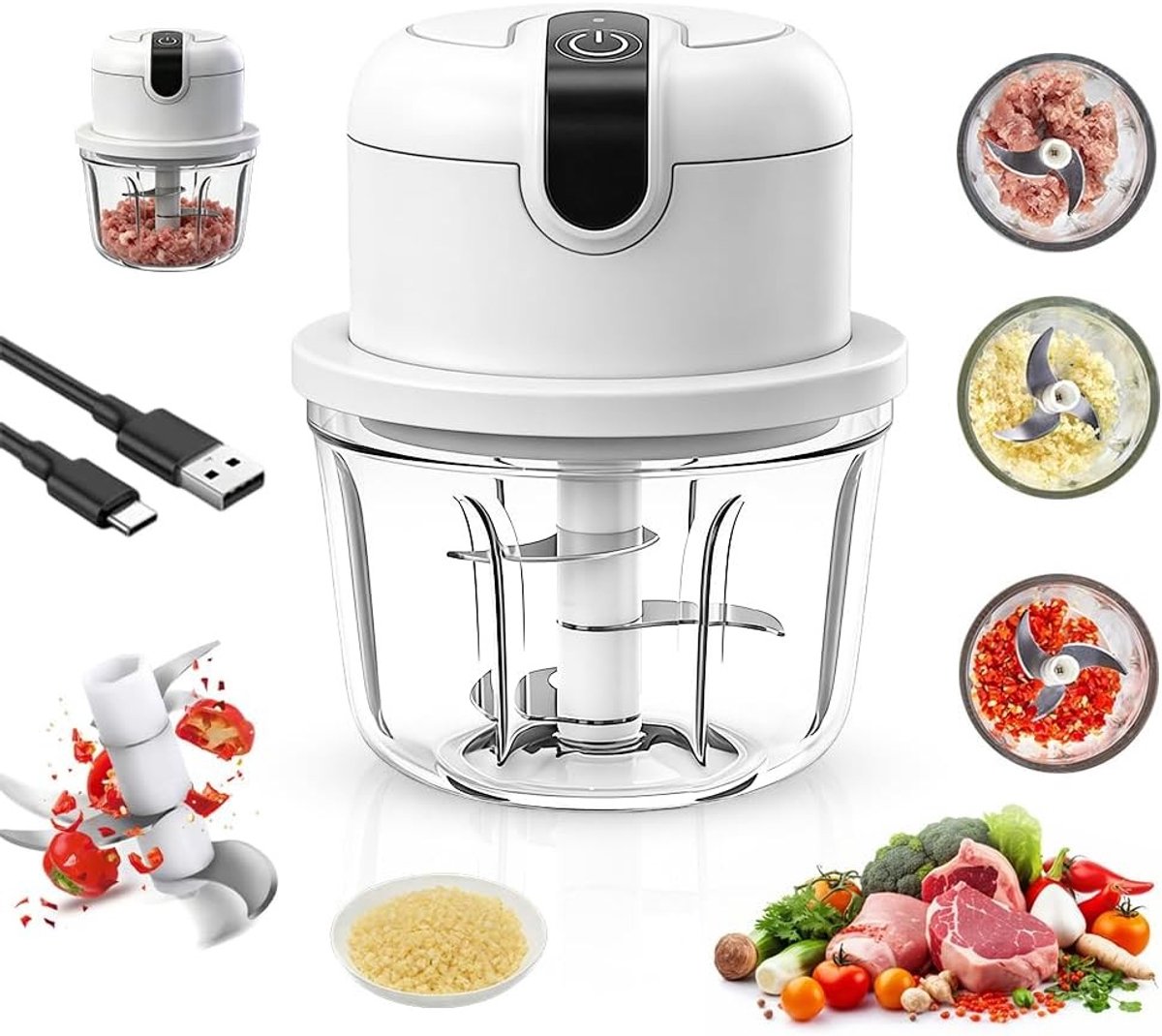 Elektrische Mini Uien Snijder 350ml - Draadloze Uien Cutter voor Groenten, Fruit en Knoflook, Ideaal voor Keuken en Vleesbereiding