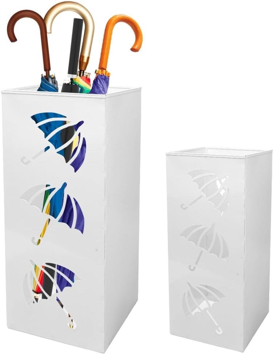 Vierkante Parapluhouder met Wateropvangbak voor Entree, Hal, Thuis en Kantoor - 16 x 16 x 42 cm (Wit) - Stijlvol en Functioneel Design, Perfect voor Organisatie en Decoratie