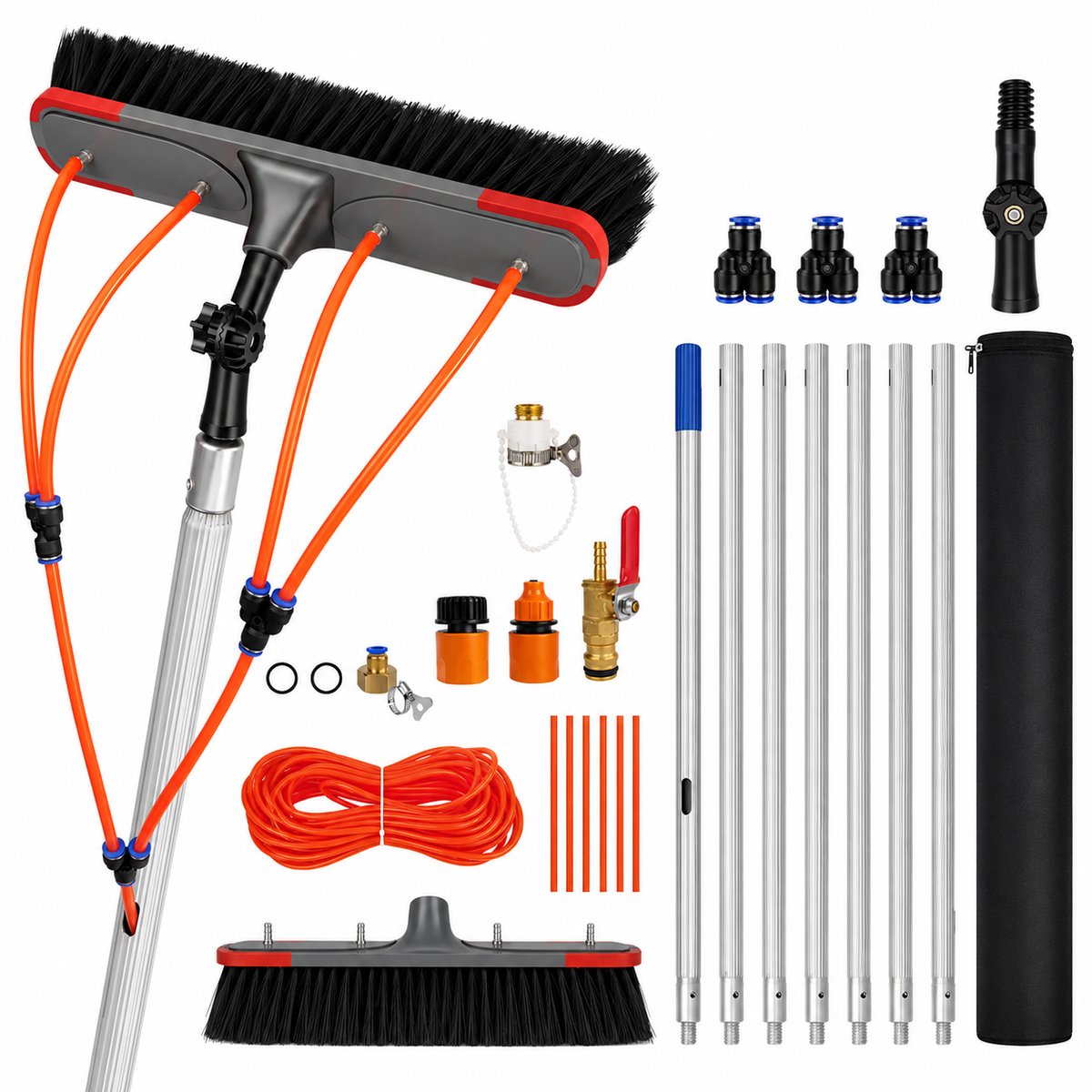 DPLUNIQ Schoonmaakborstel - Raamreiniger - Wasborstel - Schrobber met Steel - Watergevoed - 7m - Uitschuifbaar - 180° - Oranje