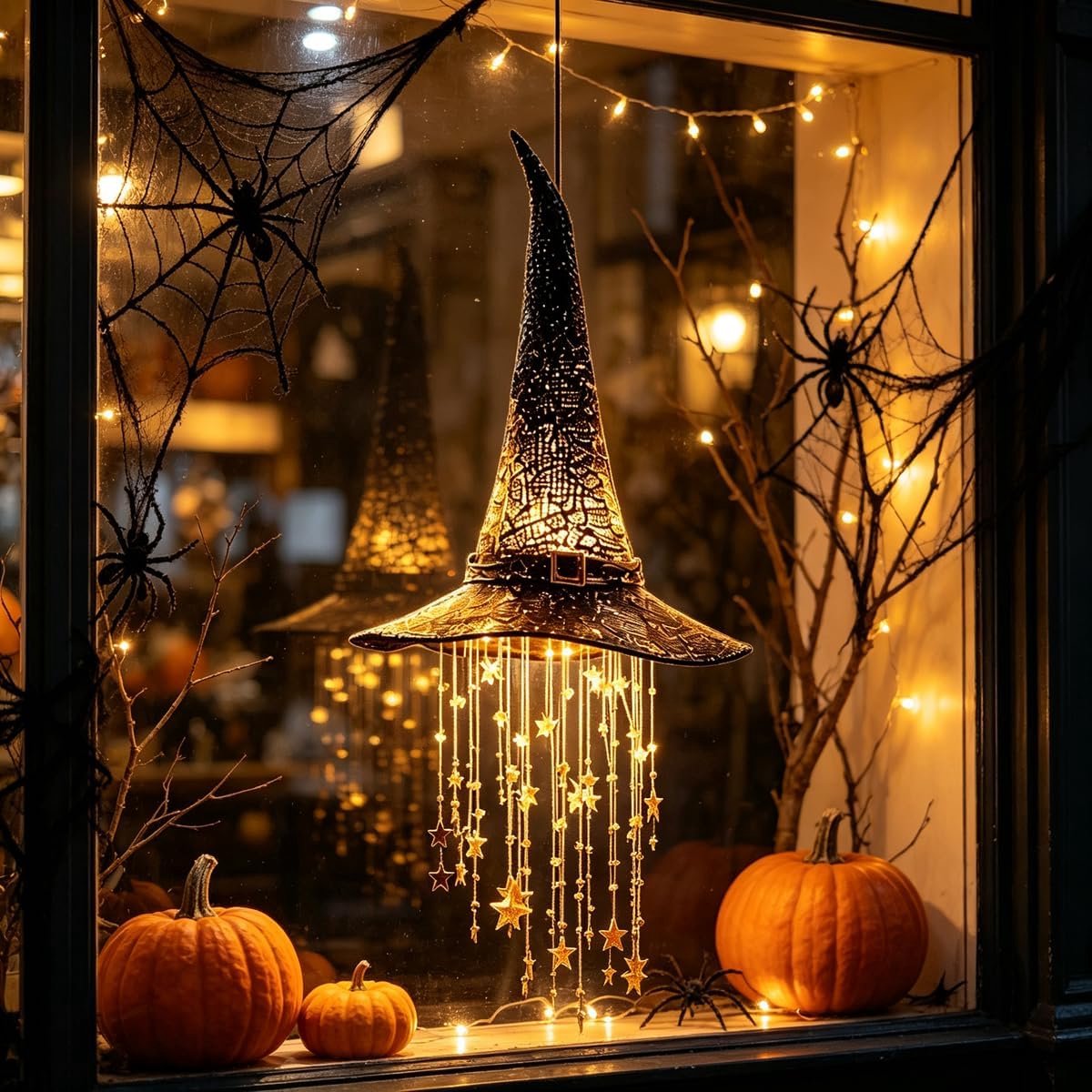 Hangende Halloween decoratie - Oplichtende tovenaarshoed - Halloween-decoraties - Halloween-cadeaus - Oplichtende tovenaarshoed - Heksenhoeddecoratie - Kwastjes met sterrenmotief - Voor Halloween & Herfstdecoratie - Heksenhoed Windgong - TENGYIF®