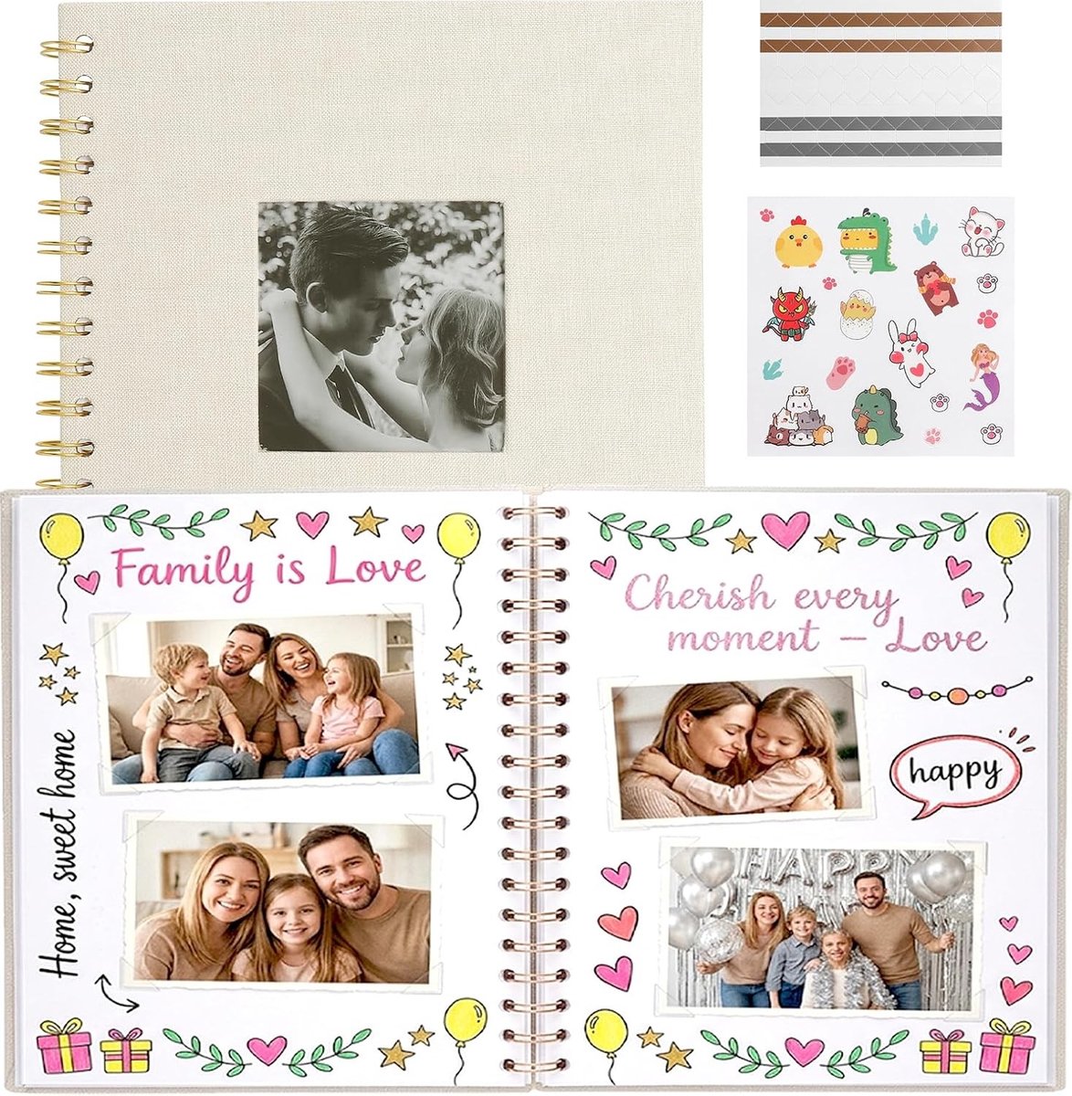 Creatief DIY Fotoalbum voor Herinneringen, 20.5 x 20.5 cm, 20 Bladen, Ringband, Perfect voor Bruiloften en Speciale Gelegenheden