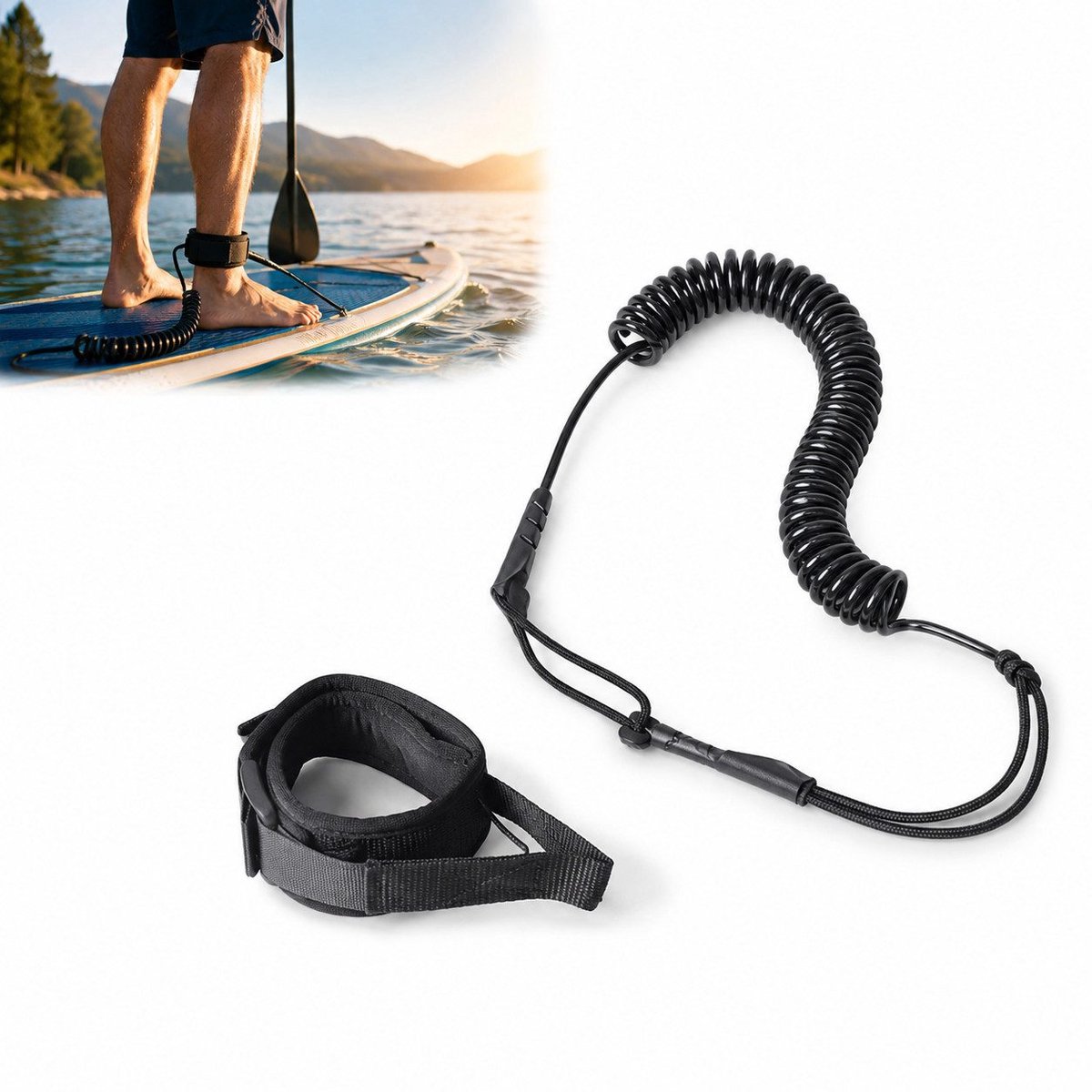 SUP Leash 5 mm – Spiraal enkelkoord met verstelbare enkelband, gevoerde enkelband en bevestigingsring, lichtgewicht en waterdicht