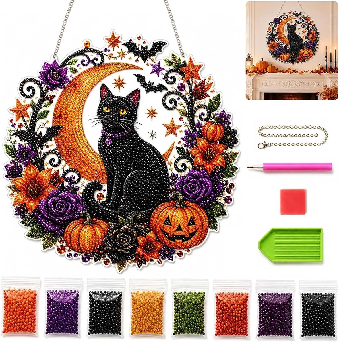 Halloween Diamond Painting Set - 25cm - DIY Diamond Painting Hangende Hanger Kit - Halloween Diamond Painting Hanger - Halloween Ornamenten - Halloween Decoratie - Raamhanger - Feestelijke Decoraties - Zwart Kat Maan Diamond Painting - TENGYIF®