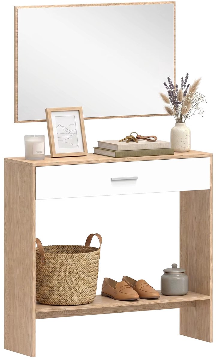 CreateEcom halmeubel - gangtafel - smalle tafel - entreehal met spiegel - lade en plank - 2-delige halmeubelset met consoletafel en spiegel - anti-kantel ontwerp - voor hal - 91,5x27,9x85,5 cm - hout