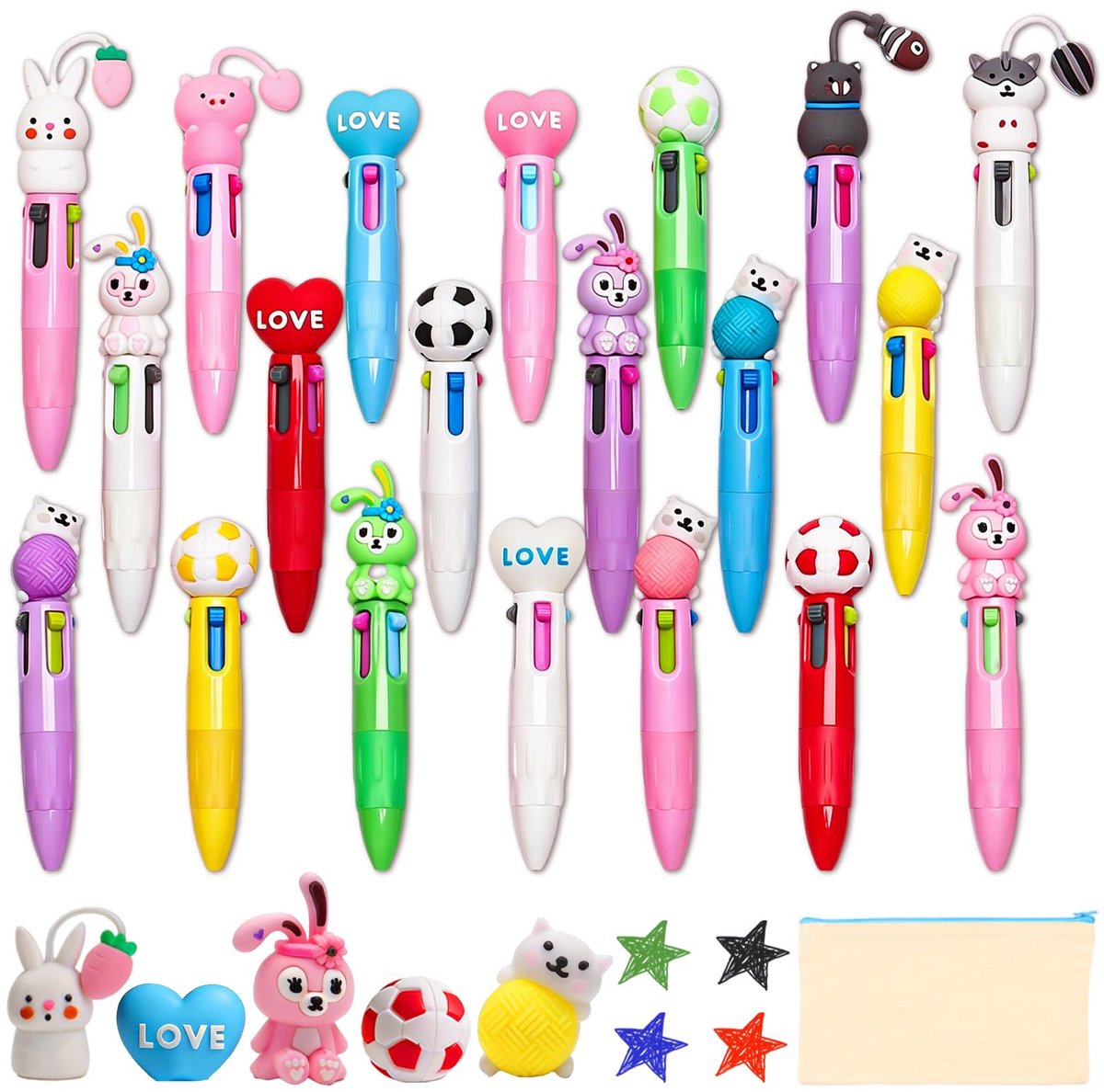 KONUNUS 4-in-1 grappige pennen, 20 stuks balpennen met cartoonpatroon - ShopVlot