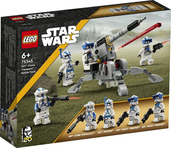 LEGO Star Wars 501st Clone Troopers Battle Pack met AT-RT walker en vier minifiguren: 501st Clone Specialist, 501st Officer en twee 501st Heavy Troopers.