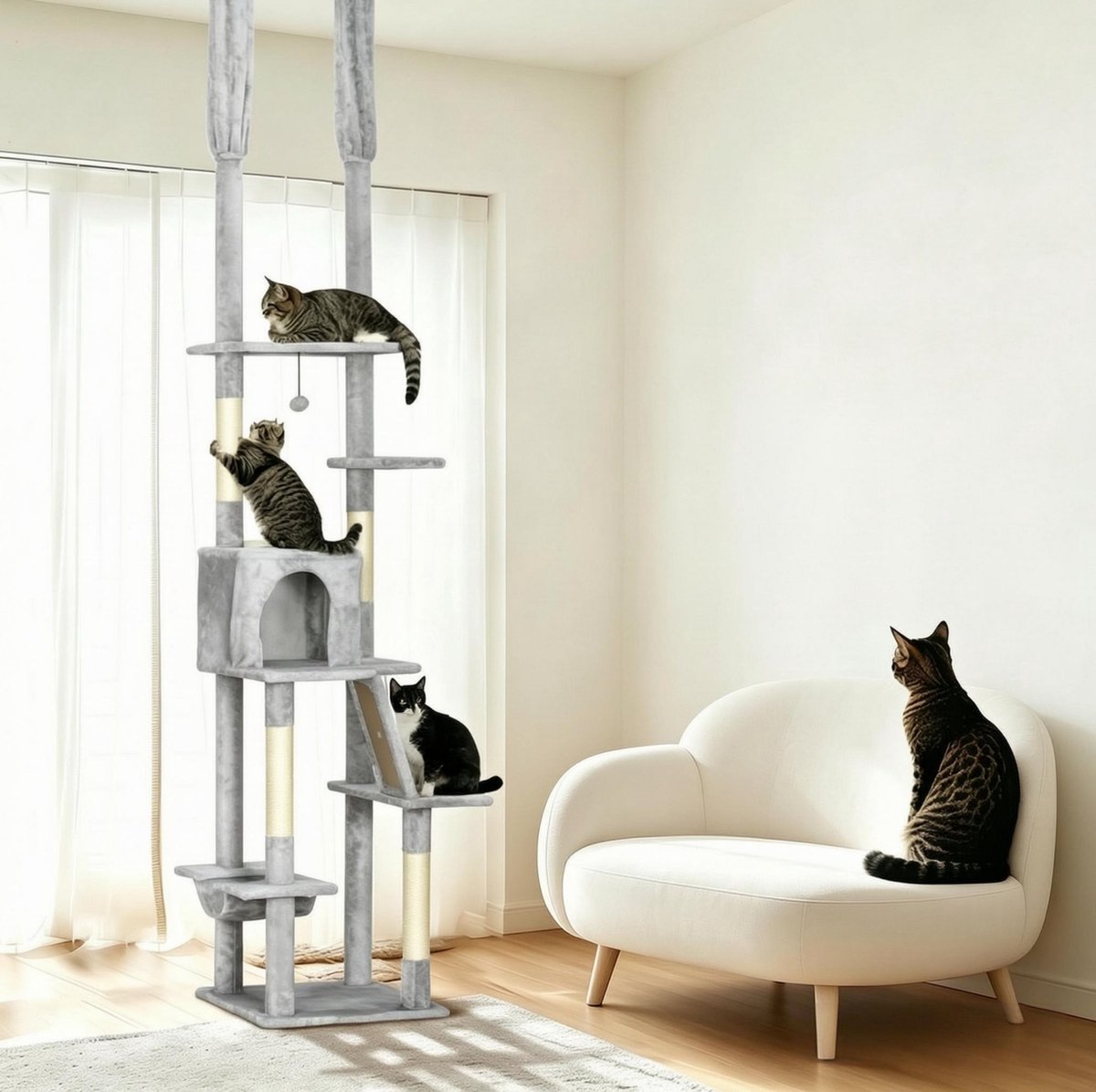 Kattenkrabpaal – Verstelbare Hoogte 225 Tot 255 Cm – 6 Niveaus – Sisal En Pluche – Grijs – Met Huisje En Hangmat Voor Klimmen En Rust