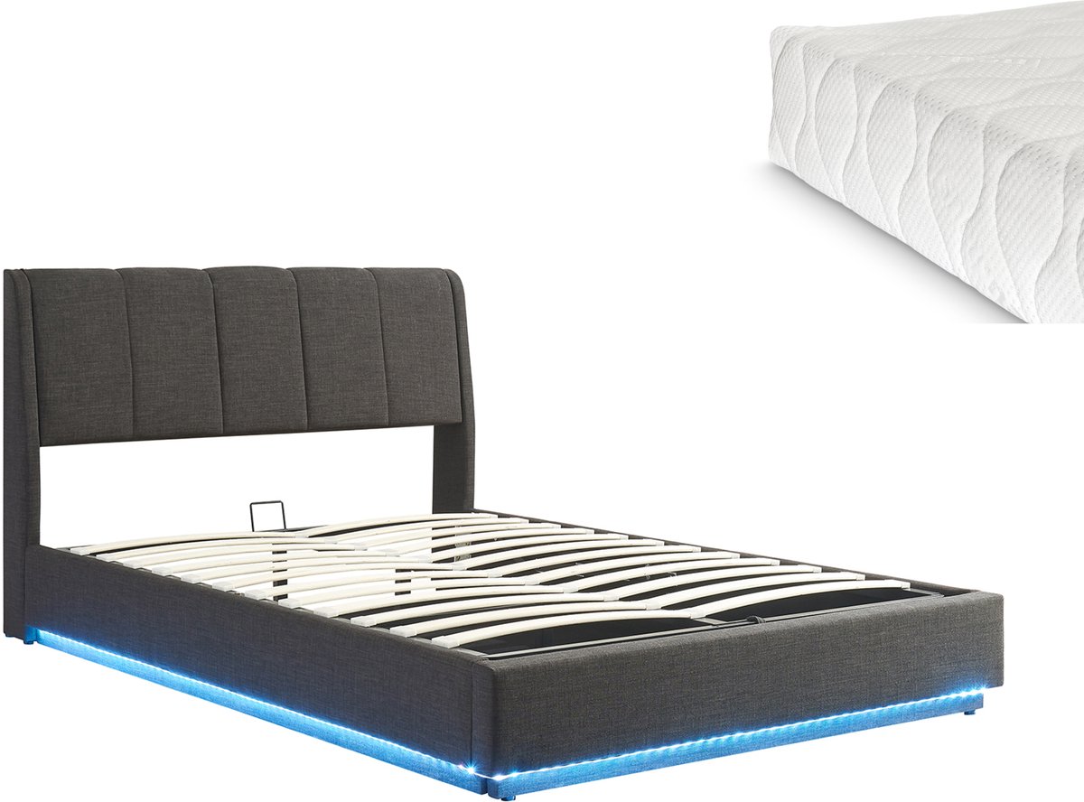 Tweepersoonsbed Tröstiar met matras en LED 140x200 cm zwart [en.casa]