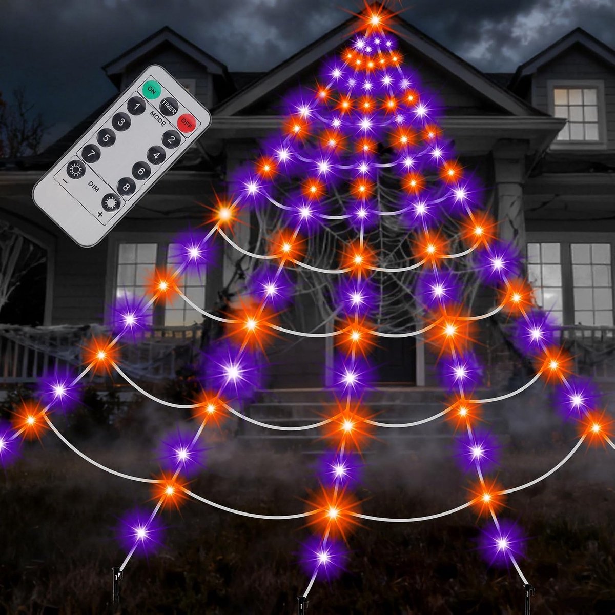 KZQ Halloween-decoratie – Buitenverlichting – Lichtslang in de vorm van een spinnenweb – Groot, driehoekig wit spinnenweb – 8 knipperstanden – 250 LED-lampjes – USB-kabel van 3 m – 5.6 x 5 M - Paars & oranje