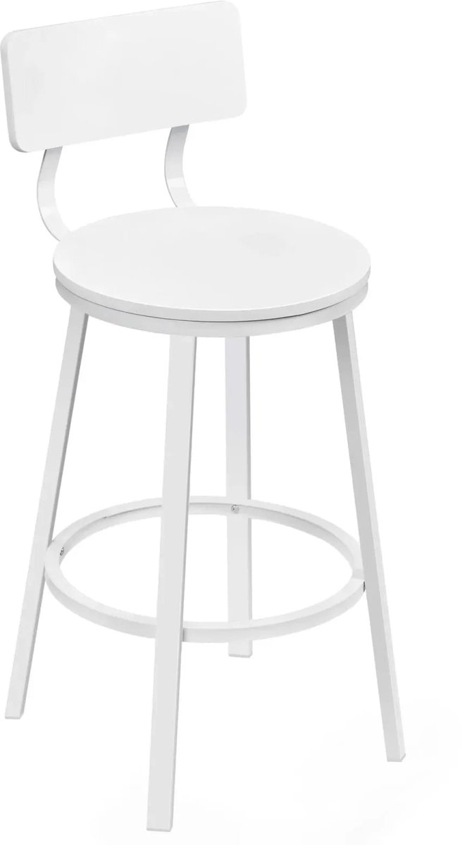 Klarven Barkrukken Wit - Barkrukken Set Van 2 - Barkrukken Met Rugleuning - Bar Stools - Stabiel metaalframe, ringvormige voetsteun - Zithoogte 65cm - B51,5xd51,5xh89cm