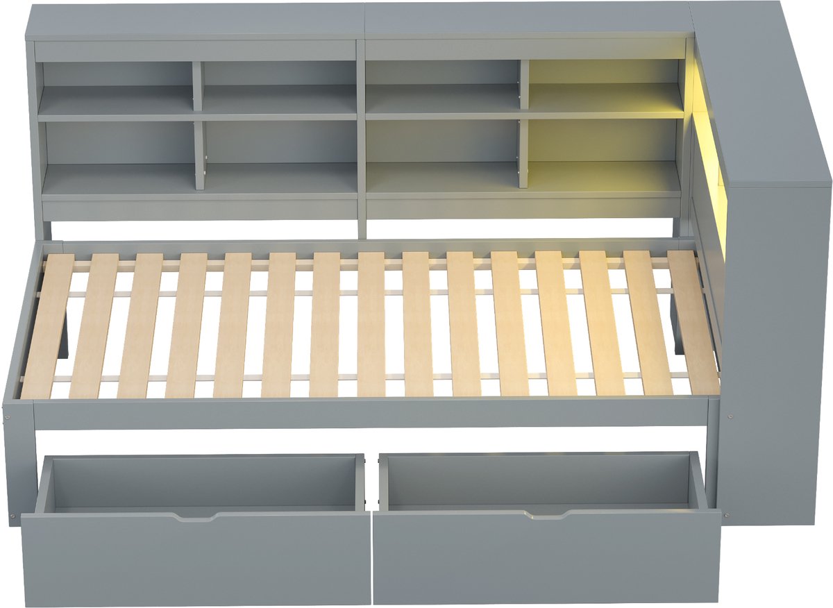 WUVRIE Slaapbank 90x200 cm met opbergruimte, USB, LED en grijze houten uitvoering