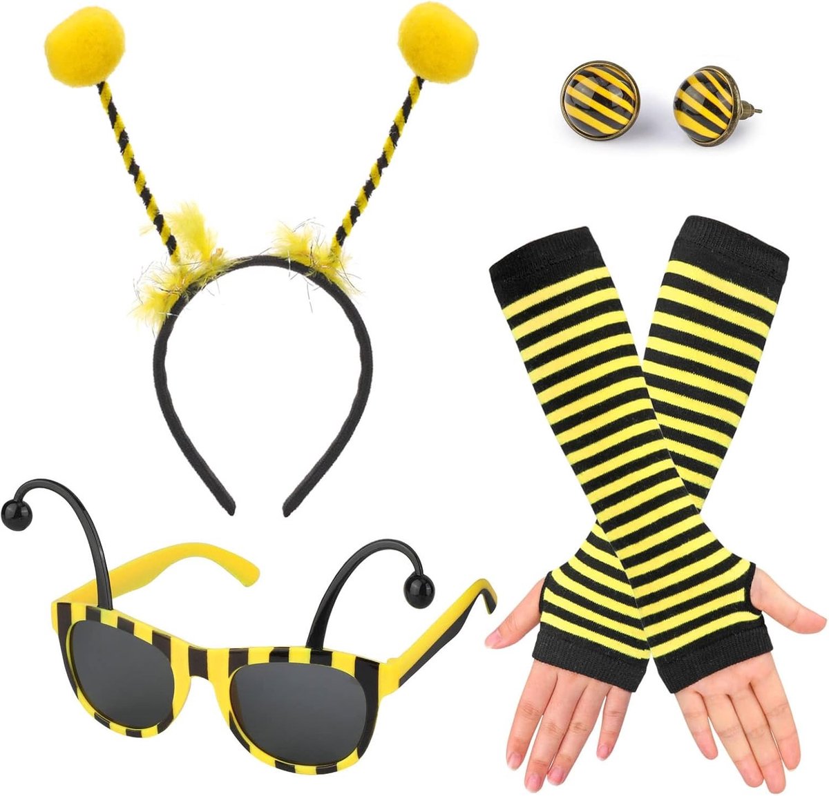 4-delige Bijenkostuum voor Vrouwen met Hoofdband, Antennes, Bril, Vingerloze Handschoenen en Oorbellen voor Halloween, Carnaval en Feestjes