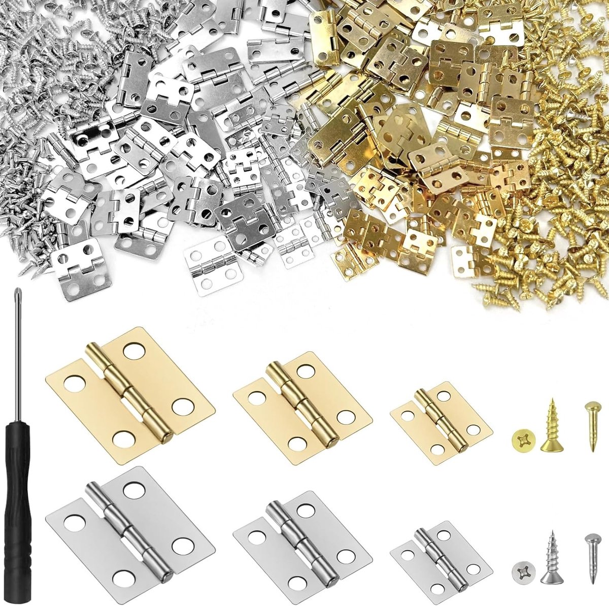Mini scharnieren voor houten dozen - 120 stuks, 10x8mm, 13x12mm, 16x13mm met 320 schroeven, 160 spijkers en 1 kruis-schroevendraaier voor DIY projecten