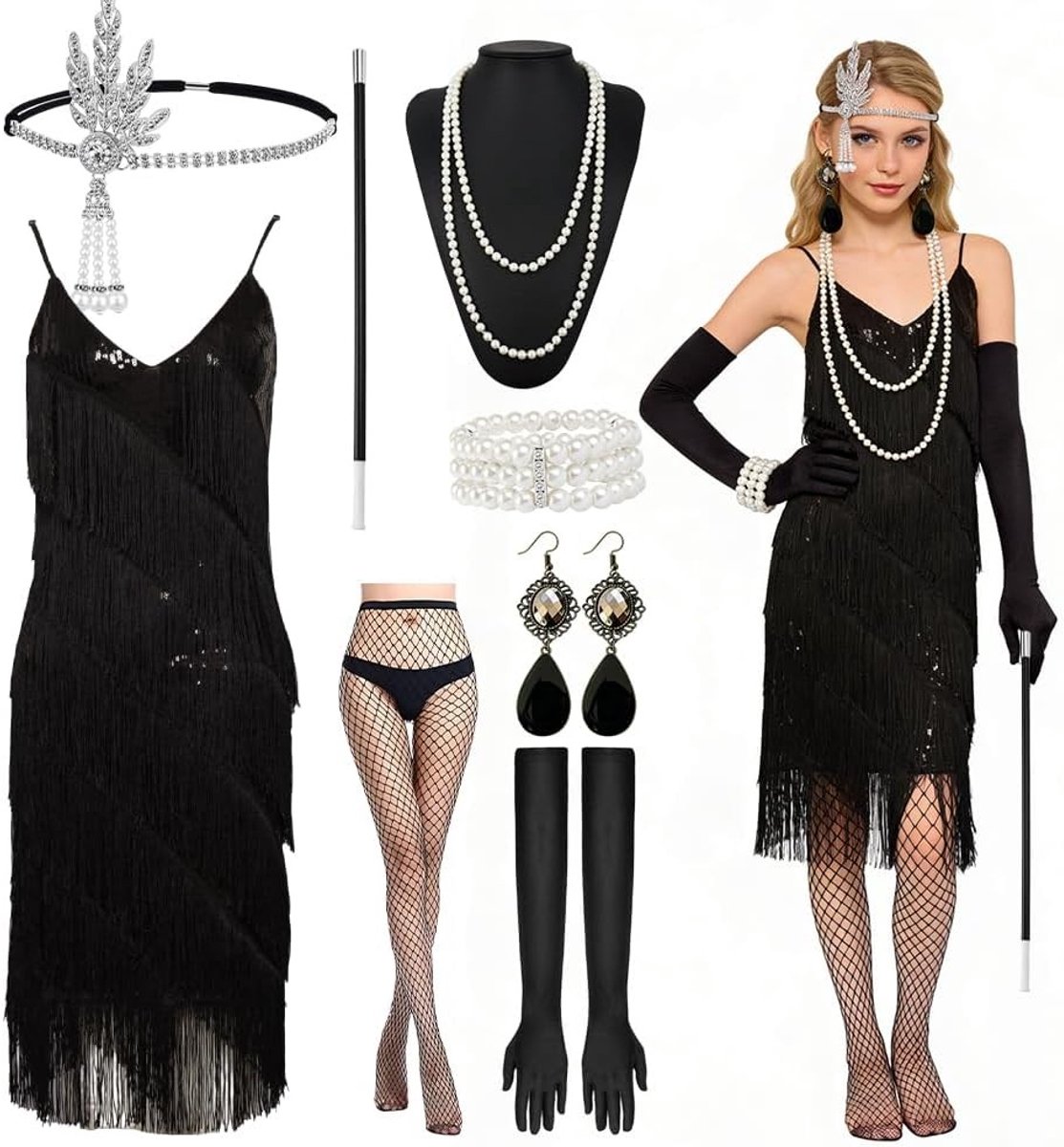 Elegante 1920s Charleston Flapper Jurk met 8 Accessoires voor Carnaval, Halloween en Themafeesten
