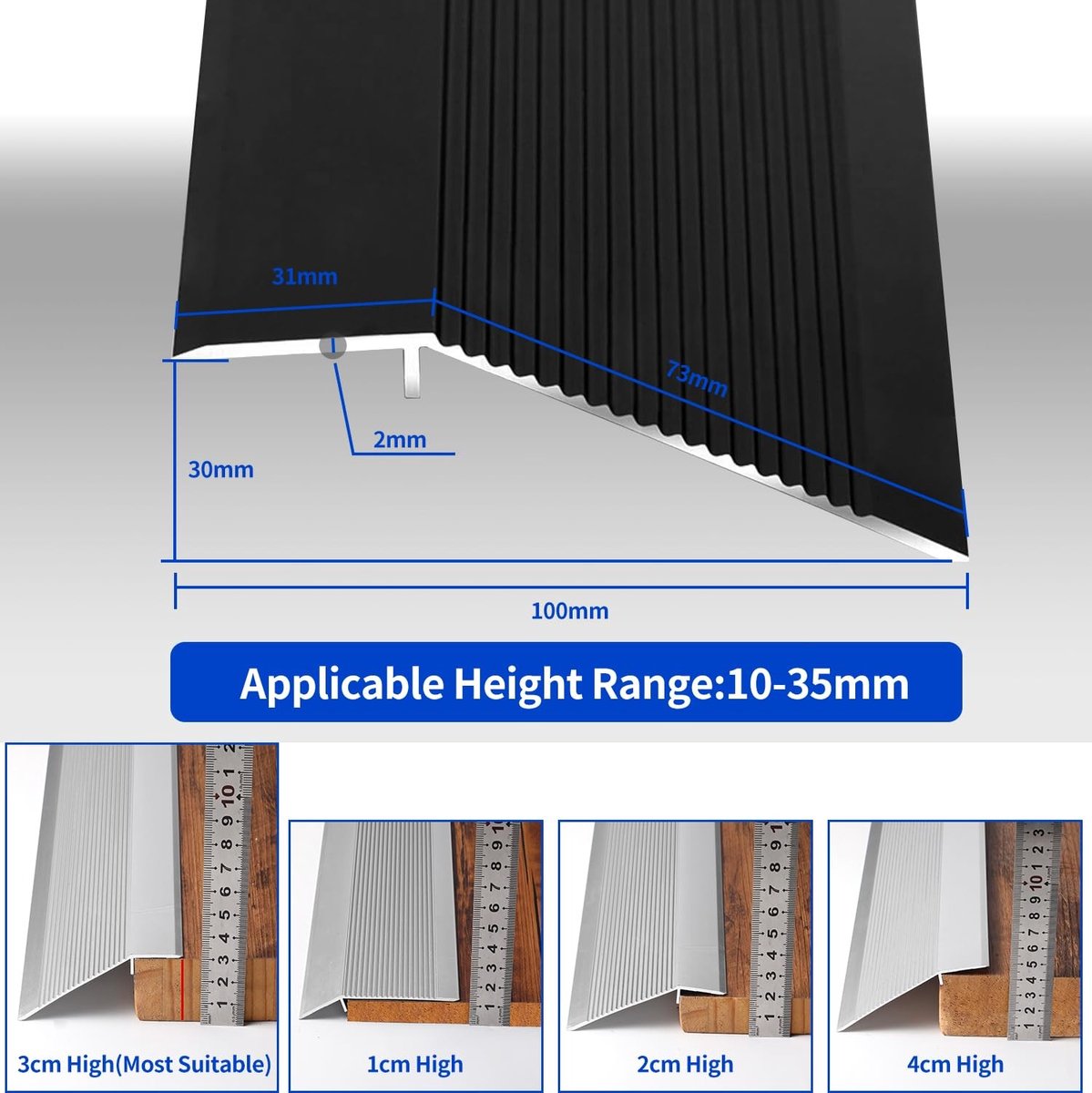 Vloer overgangsstrip voor deur, drempel voor vloeren, hoogteverschil tussen 10-35mm, geschikt voor tegels en laminaat, zwart, 1m × 10cm