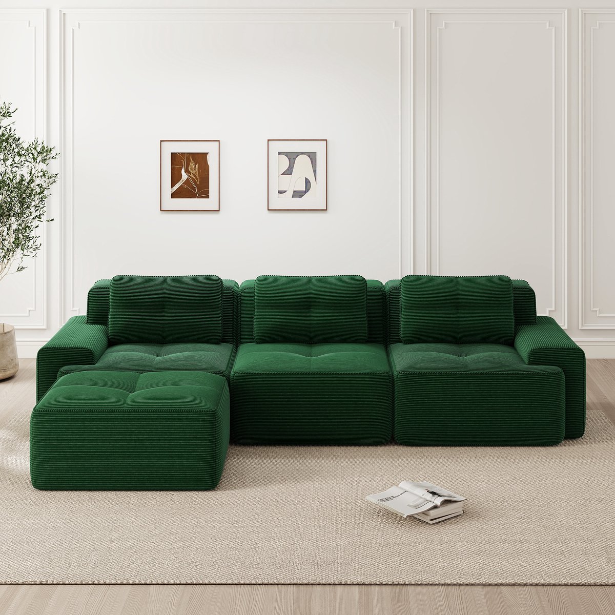 L-vormige 3-zitsbank - modulaire bank met voetenbank - corduroy Cloud bank - voor de woonkamer - kant-en-klare bank - groen