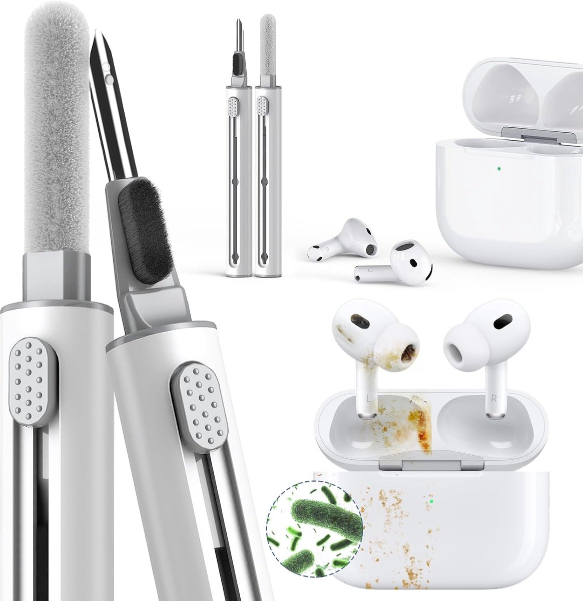Reinigingsset voor Airpod, Multifunctionele Cleaner Pen Tool voor Airpods Pro Case Hoofdtelefoon Oplaadpoort, met Zachte Borstel Flocking Spons (Wit)