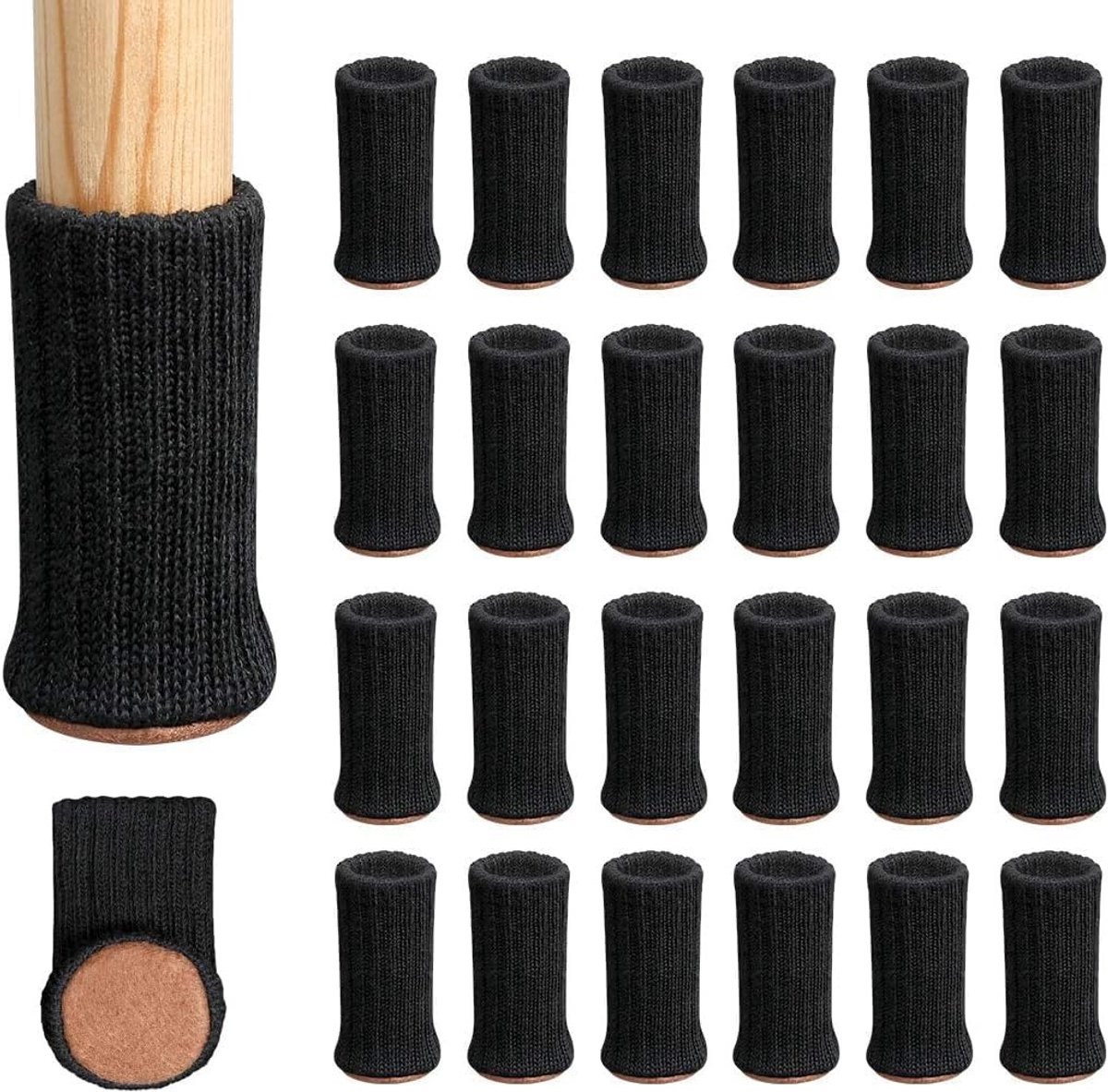 Set van 24 zeer elastische, gebreide stoelpootbeschermers (zwart) – antislip en geschikt voor meubelpoten met een omtrek van 3 tot 5 inch.