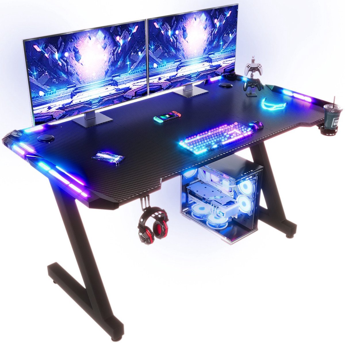 Devoko Gamingbureau 140 × 60 × 75 cm – Carbonlook met LED-verlichting en Touchbediening – Draagvermogen 100 kg – Bekerhouder en Koptelefoonhaak – Zwart