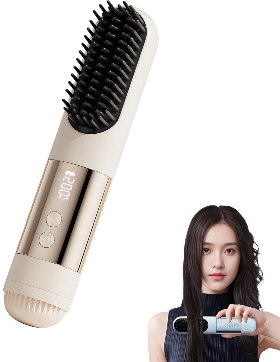 Stylingkam Geschikt voor kort haar, 3 temperatuurstanden, Geschikt voor alle haartypes, snelle opwarmtijd van 30 seconden, ioniserende keramische technologie, koude luchtstand, 2500mAh batterij, oplaadbare stijltang met USB-C-aansluiting (beige)