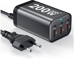 200W USB C Charger 6 Port PD 100W 65W 45W 20W GaN Wall Charger Adapter Plug USB A Fast Charging Station Block geschikt voor MacBook Pro/Air, iPad, iPhone 17 16 Galaxy S26 Pixel Dell Laptop Type C Phone Android