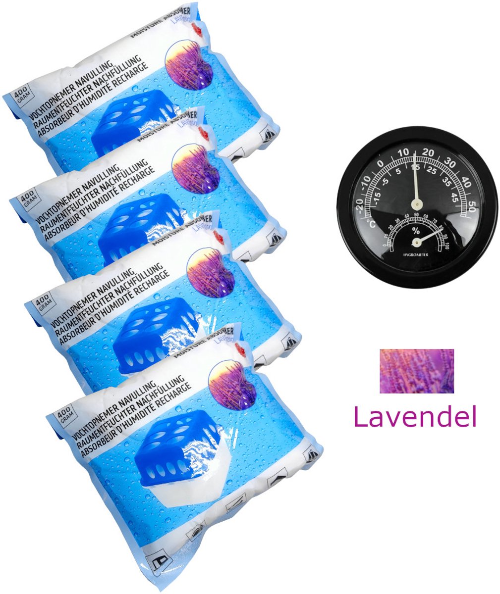 4x 400gr Vochtopnemer Navulling 4-Pack 1600 gram Lavendel met Thermo-Hygrometer