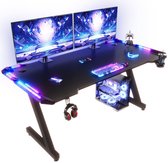 Devoko Gamingbureau 160 × 60 × 75 cm – Carbonlook met LED-verlichting en Touchbediening – Draagvermogen 100 kg – Bekerhouder en Koptelefoonhaak – Zwart