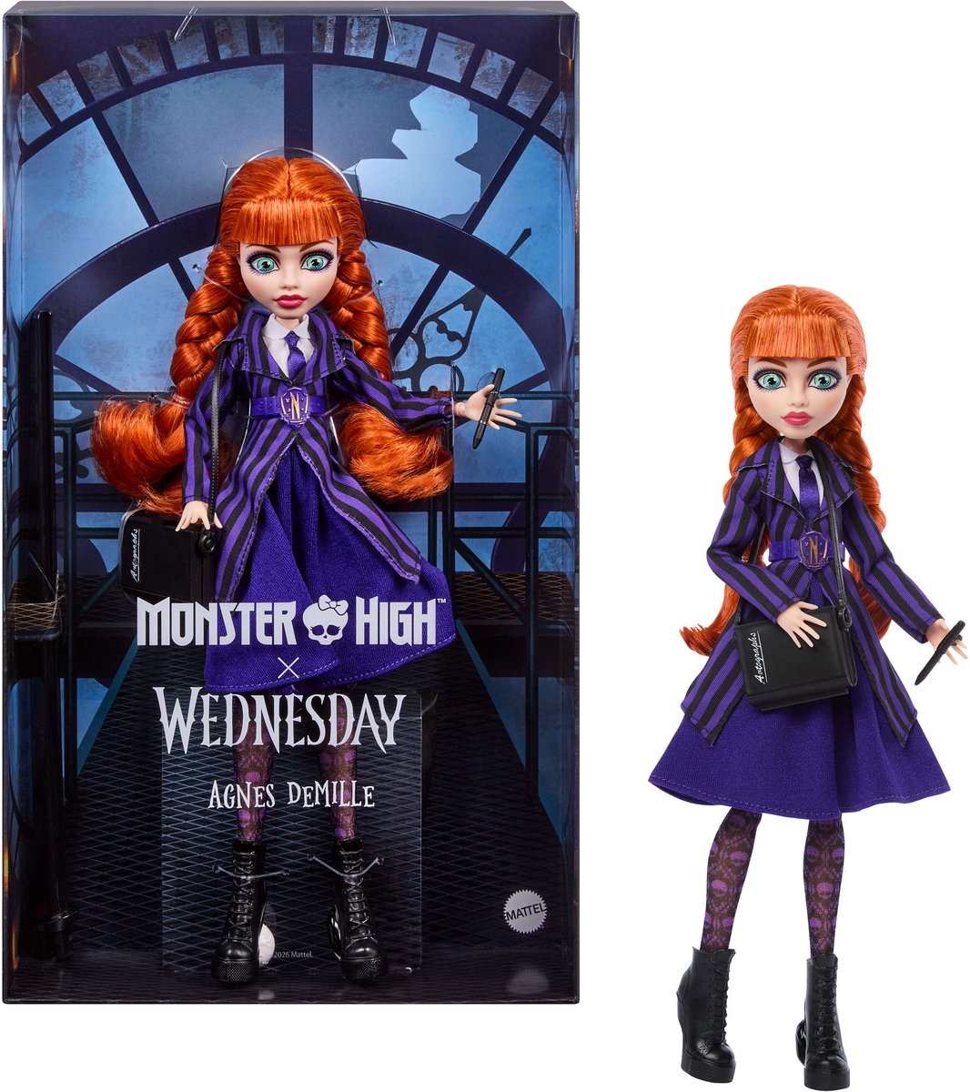 Monster High x Wednesday verzamelpop - Agnes DeMille met paars uniform en accessoires — afbeelding 10
