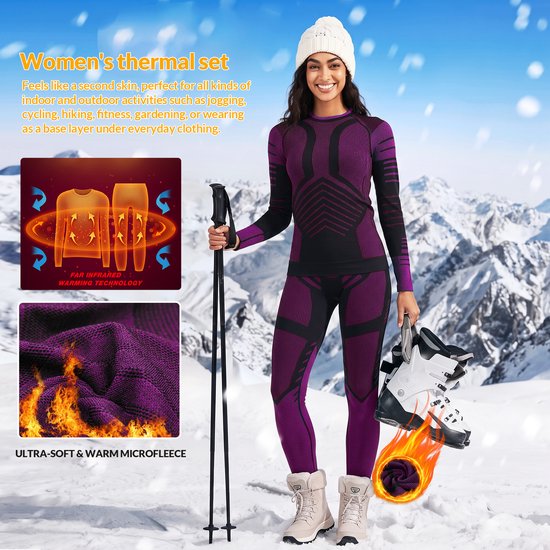 Vrouw in paarse en zwarte thermische set, staand met ski-uitrusting. Inset toont 'FAR INFRARED WARMING TECHNOLOGY' en 'ULTRA-SOFT & WARM MICROFLEECE'.
