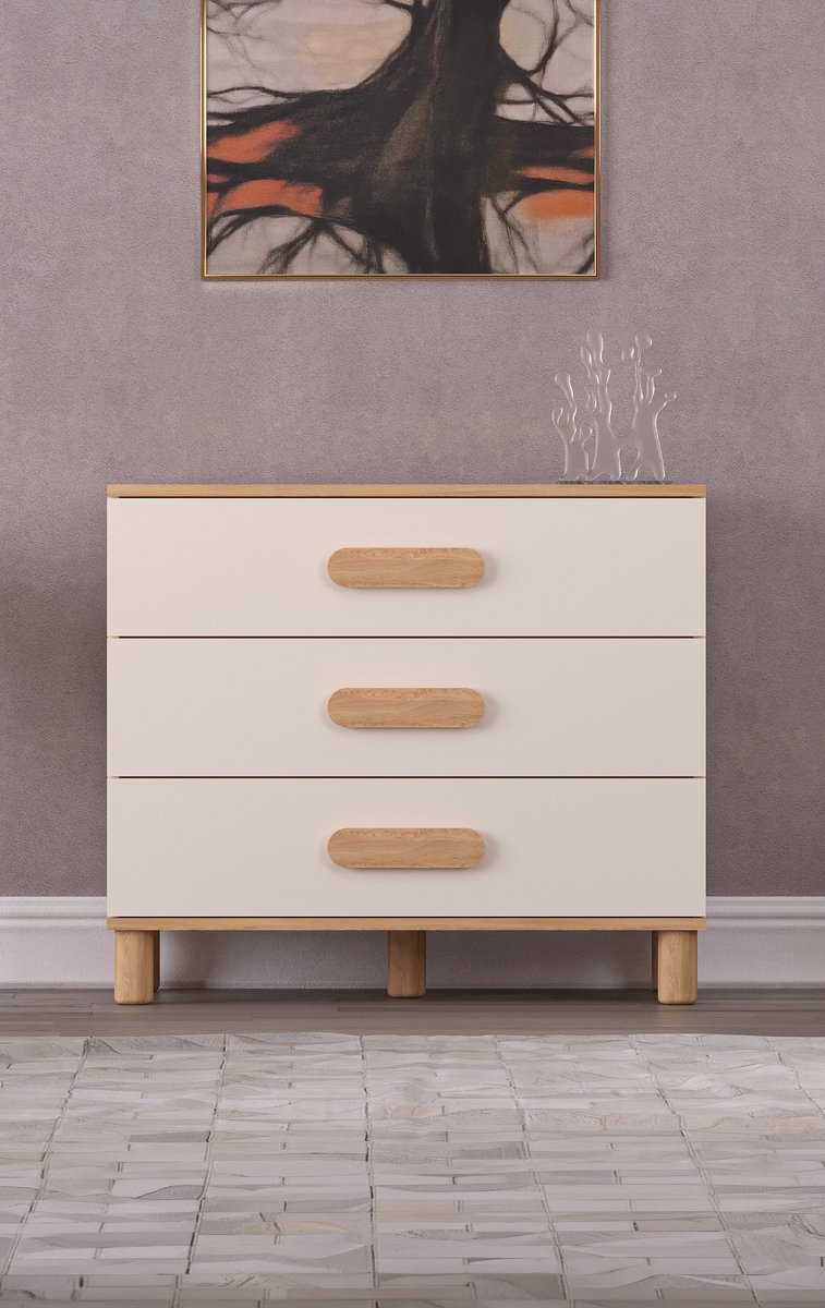 MILA CRÈME EIKEN LADENKAST MET 3 LADEN – Ladekast – Opbergkast – Slaapkamerkast – Opbergmeubel – Kast met Laden – Dressoir – Moderne Ladekast – Ruime Opbergruimte – Meubel voor Slaapkamer – Woonkamerkast