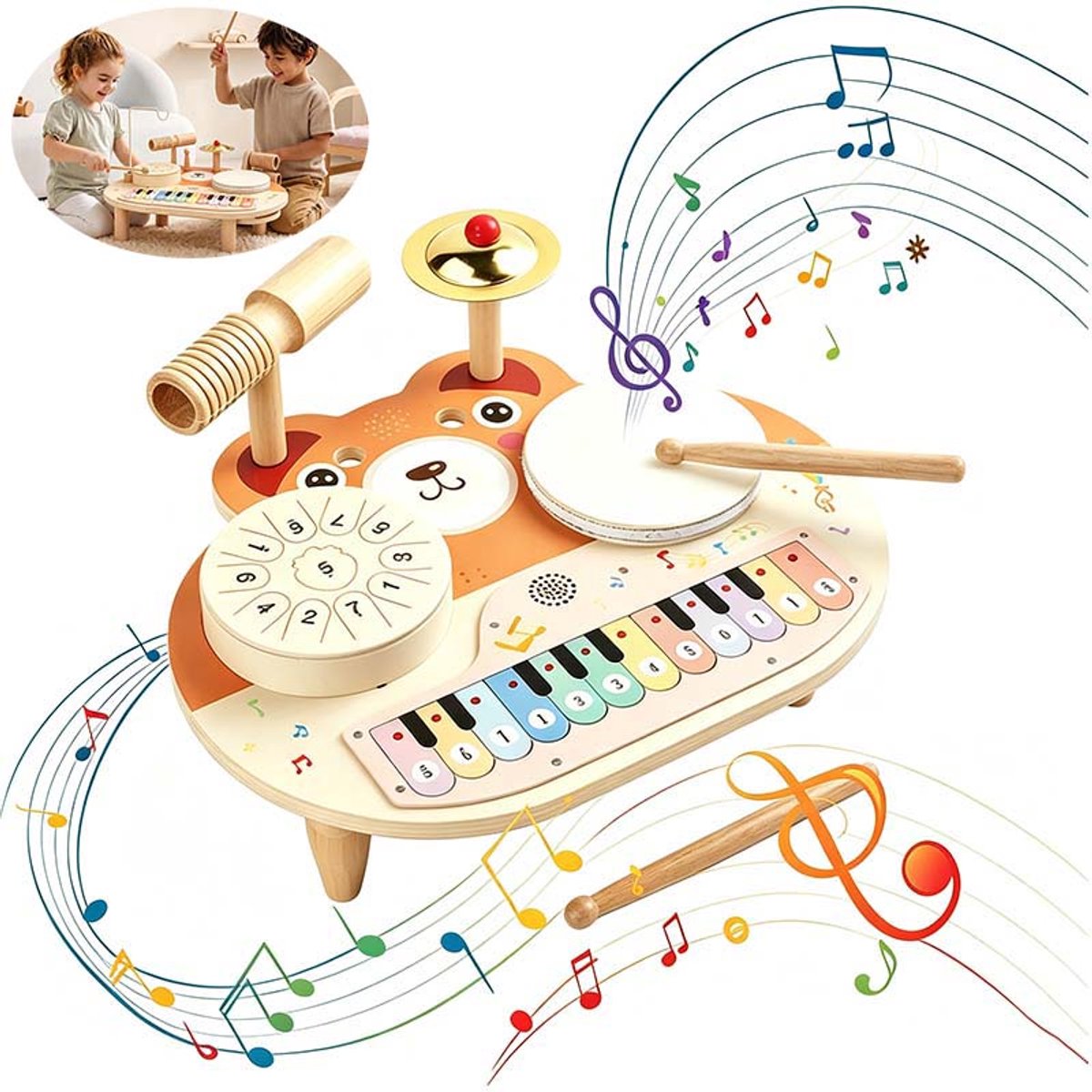 Montessori-speelgoed - 5-in-1 houten muziekspeelgoed voor baby's - Houten drumstel - Inclusief drums, piano en percussie-instrumenten - Geschikt voor jongens en meisjes vanaf 1 jaar