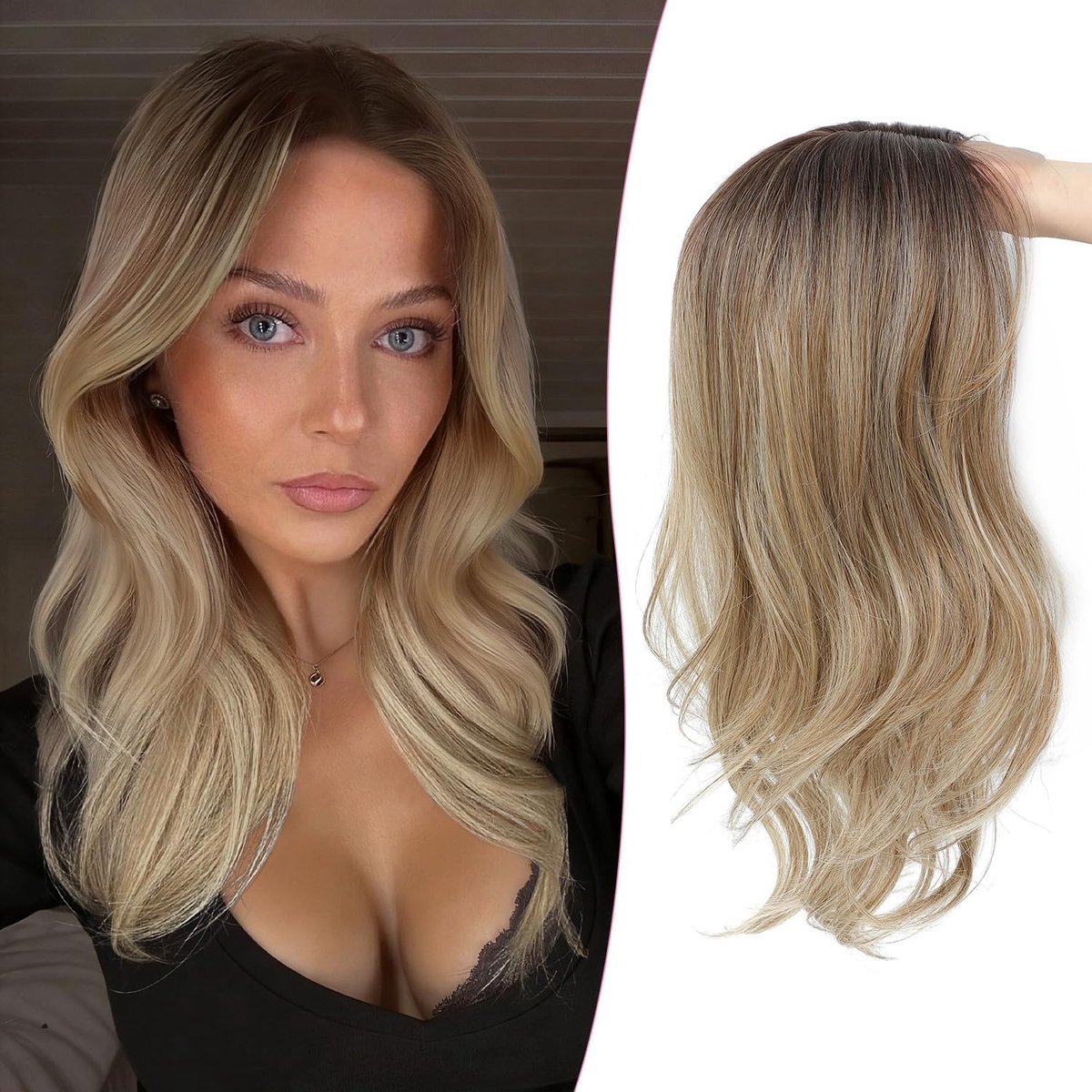 Haarstukjes dames 45 cm - ombre asbruin met blonde highlights - casual golven - extra volume voor dun haar - ShopVlot