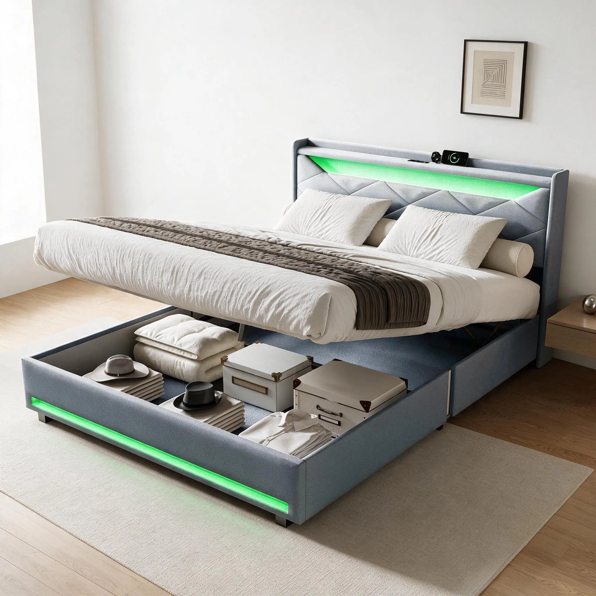 Gestoffeerd Bed 160x200 cm met LED Verlichting en USB, Opbergbed Tweepersoonsbed met Hydraulische Opbergruimte en Lattenbodem, Linnen Grijs, Zonder Matras