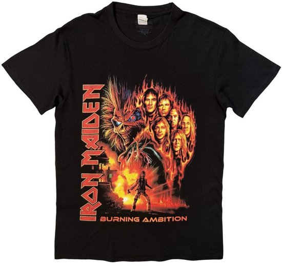 Zwart T-shirt met de 'Iron Maiden - Burning Ambition'-cover: Eddie in vlammen, bandleden en een brandend gebouw.