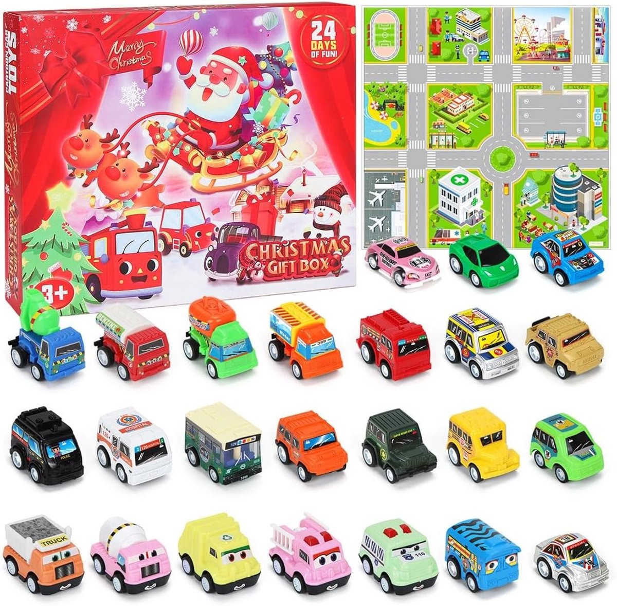 Adventskalender 2026 met Auto's voor Kinderen, 24 Stukken Mini Auto Speelgoed, Kerstkalender voor Jongens van 2-8 Jaar met Trek- en Terugloopfunctie