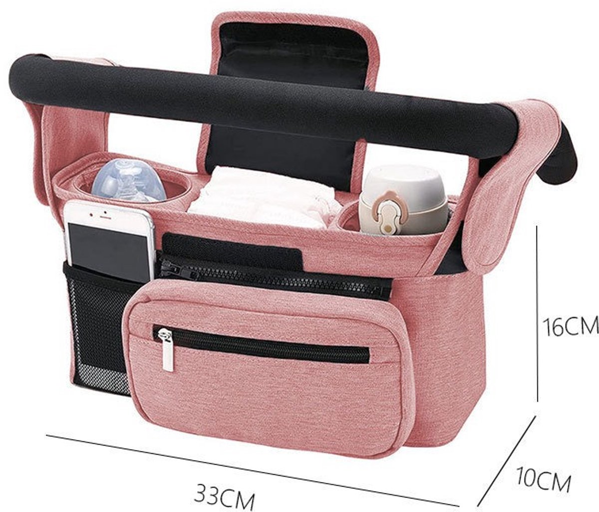 Universele opbergtas voor kinderwagens met 2 bekerhouders en een ge茂soleerde hoes voor een waterfles. Grote capaciteit, geschikt voor kinderwagens, mobiele telefoons, babyspullen, reisbenodigdheden en cadeaus,roze