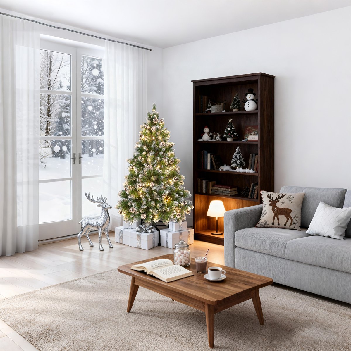Kunstkerstboom 180 cm met LED Verlichting - Brandvertragend PVC - met Sneeuw en Dennenappels - Metalen Voet - Kerstdecoratie voor Huis en Etalage - NAIZY – foto 8