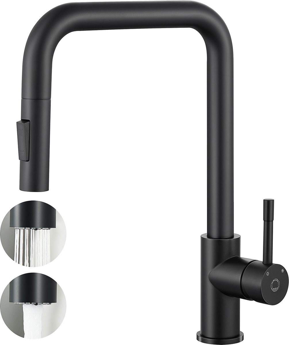 Cecipa MAX Premium Keukenkraan - Keukenkraan met Flexibele Handdouche - Hoge Uitloop - 2 Straalstanden - RVS 304 - Zwart