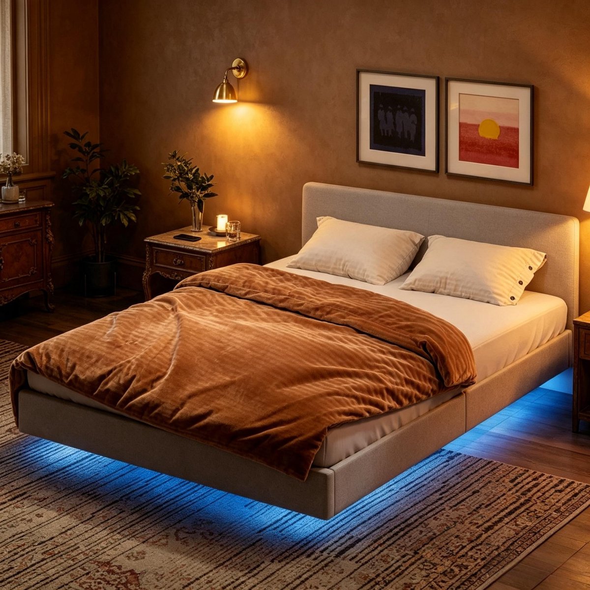 Gestoffeerd Bed 140x190 cm Met LED Verlichting – Zwevend Bedframe Met Opbergruimte – Moderne Slaapkamer – Stof – Beige – Zonder Matras