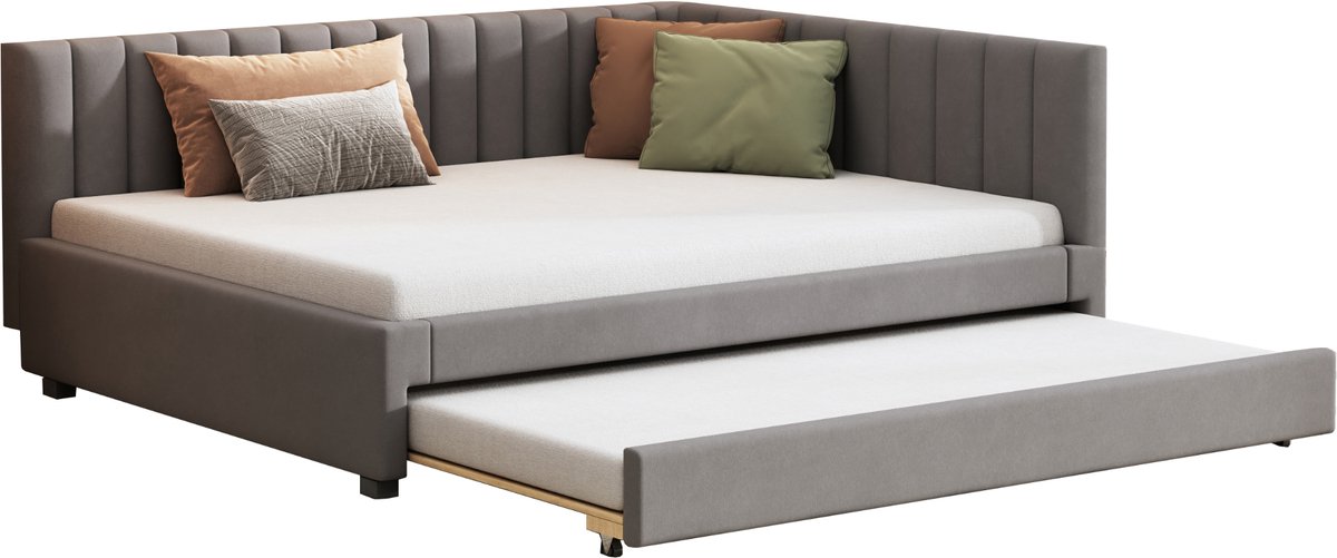 Gestoffeerd Bed - Grijze Fluwelen Slaapbank - Met Uitschuifbed - Inclusief Lattenbodem - 120 kg - Logeerkamer - 140x200 cm - Grijs