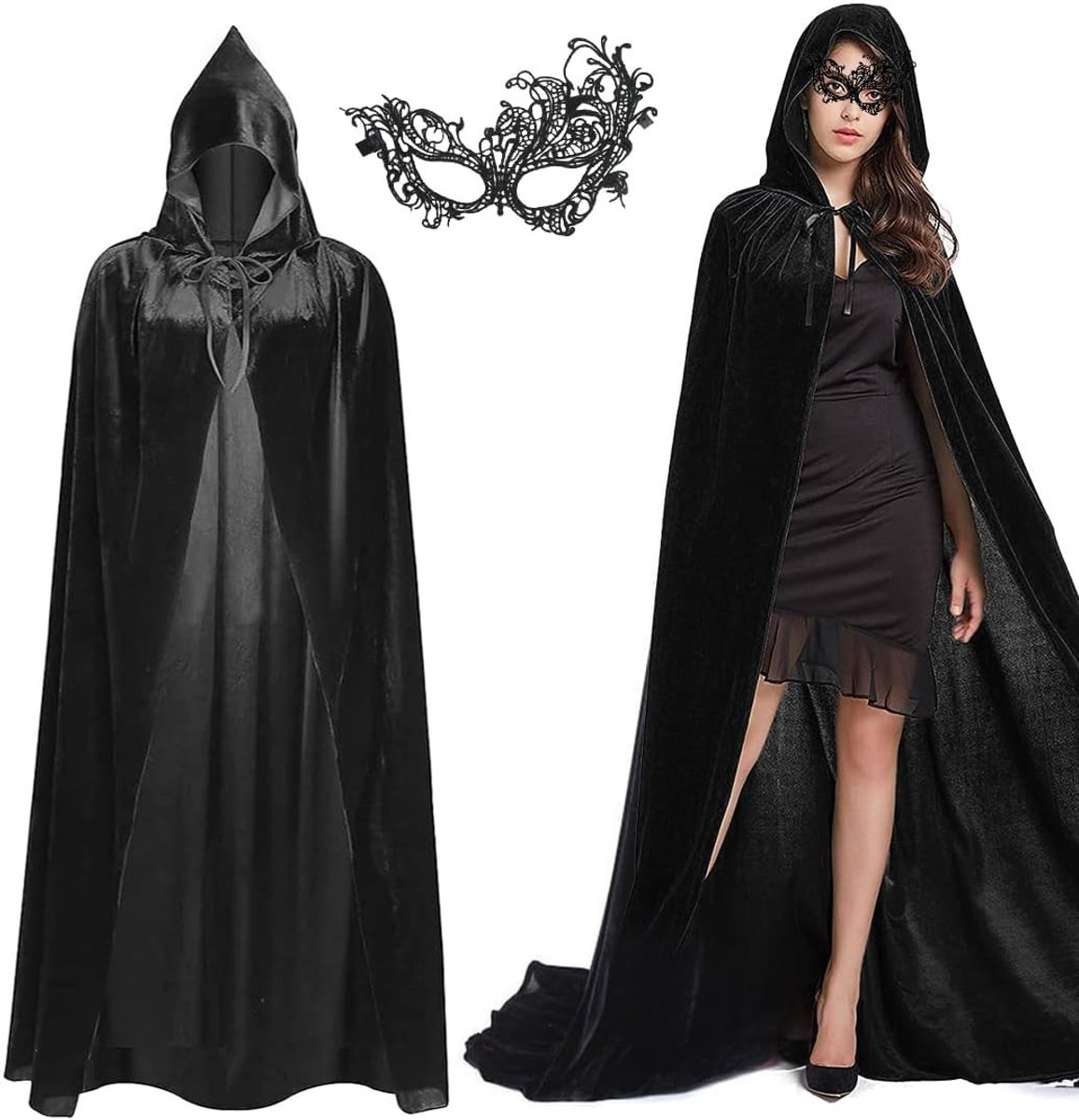 Zwarte Cape met Kap en Masker voor Halloween, Vampier Kostuum voor Volwassenen, Unisex, Perfect voor Carnaval en Feestjes