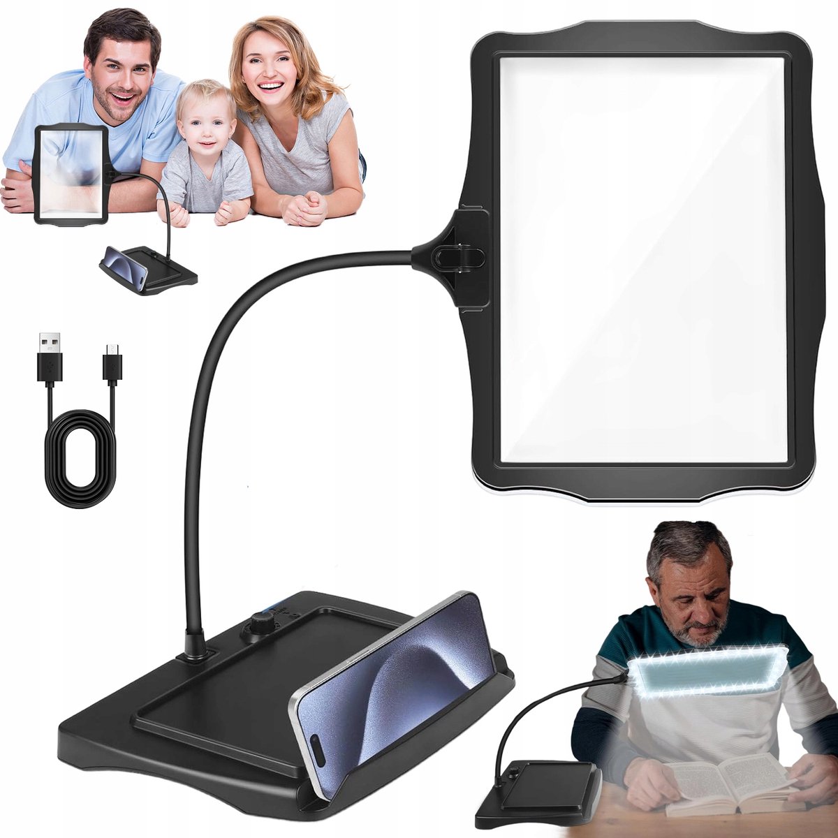 Vergrootlamp met Vierkante Lens - Tafelloep met Standaard - Leesloep - 10x Vergroting - 48 LED's - Handsfree - USB Oplaadbaar - Voor Lezen & Naaien & Reparatie & Knutselen